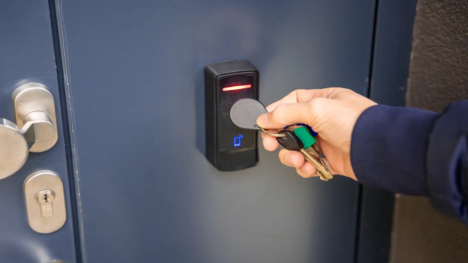 Close up of person using electric lock key system