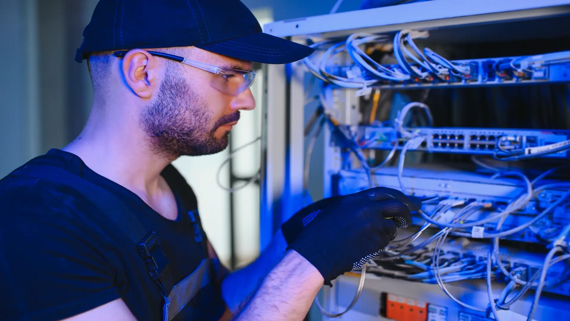 Technician working with server equipment in data center