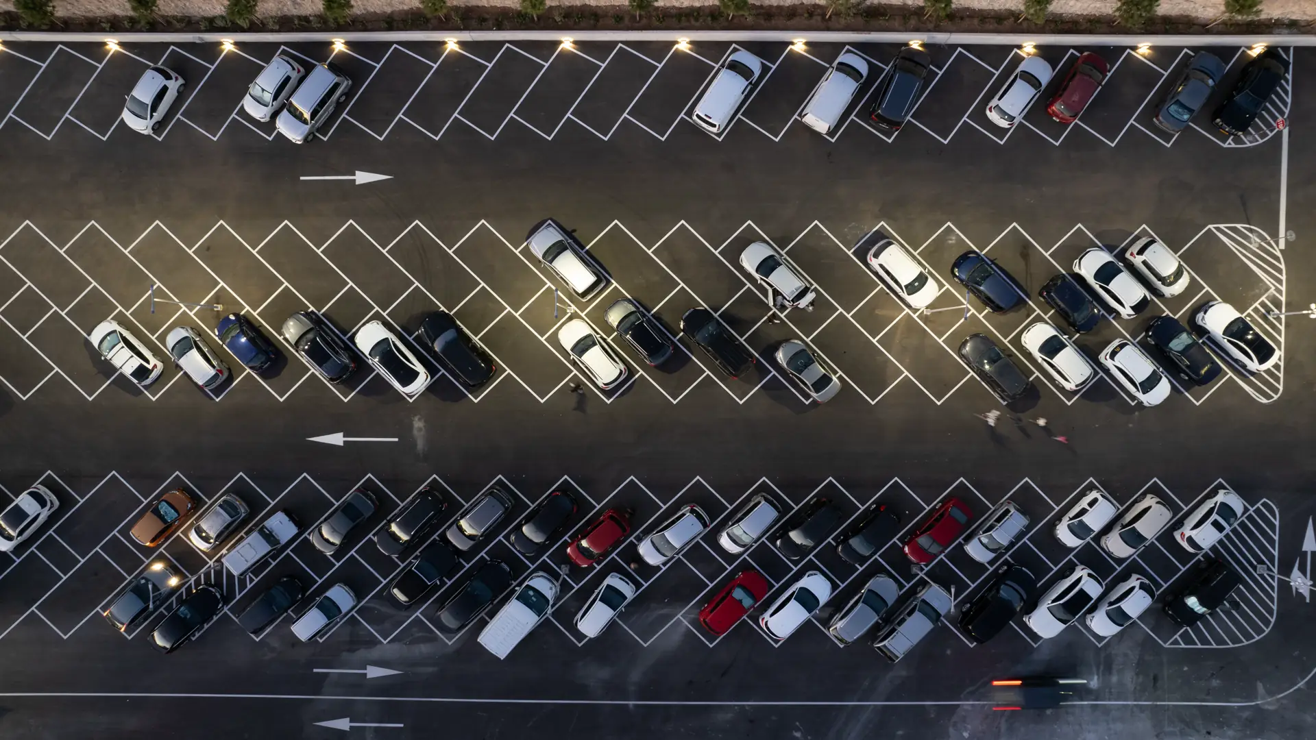 Drone aerial view of parking lots at night