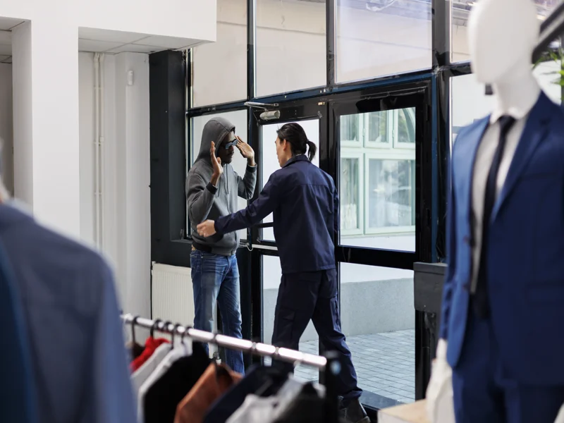 Worker catching thief at store door