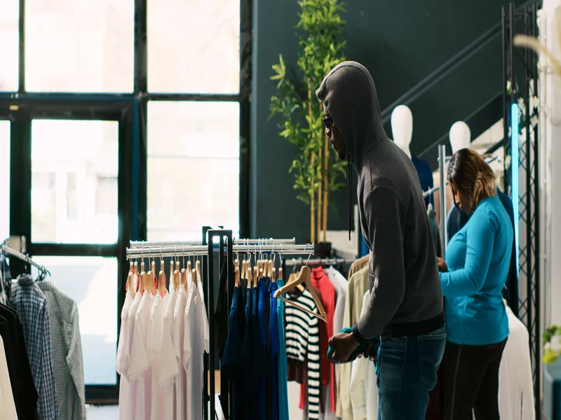 Shoplifter stealing fashionable outfit from store