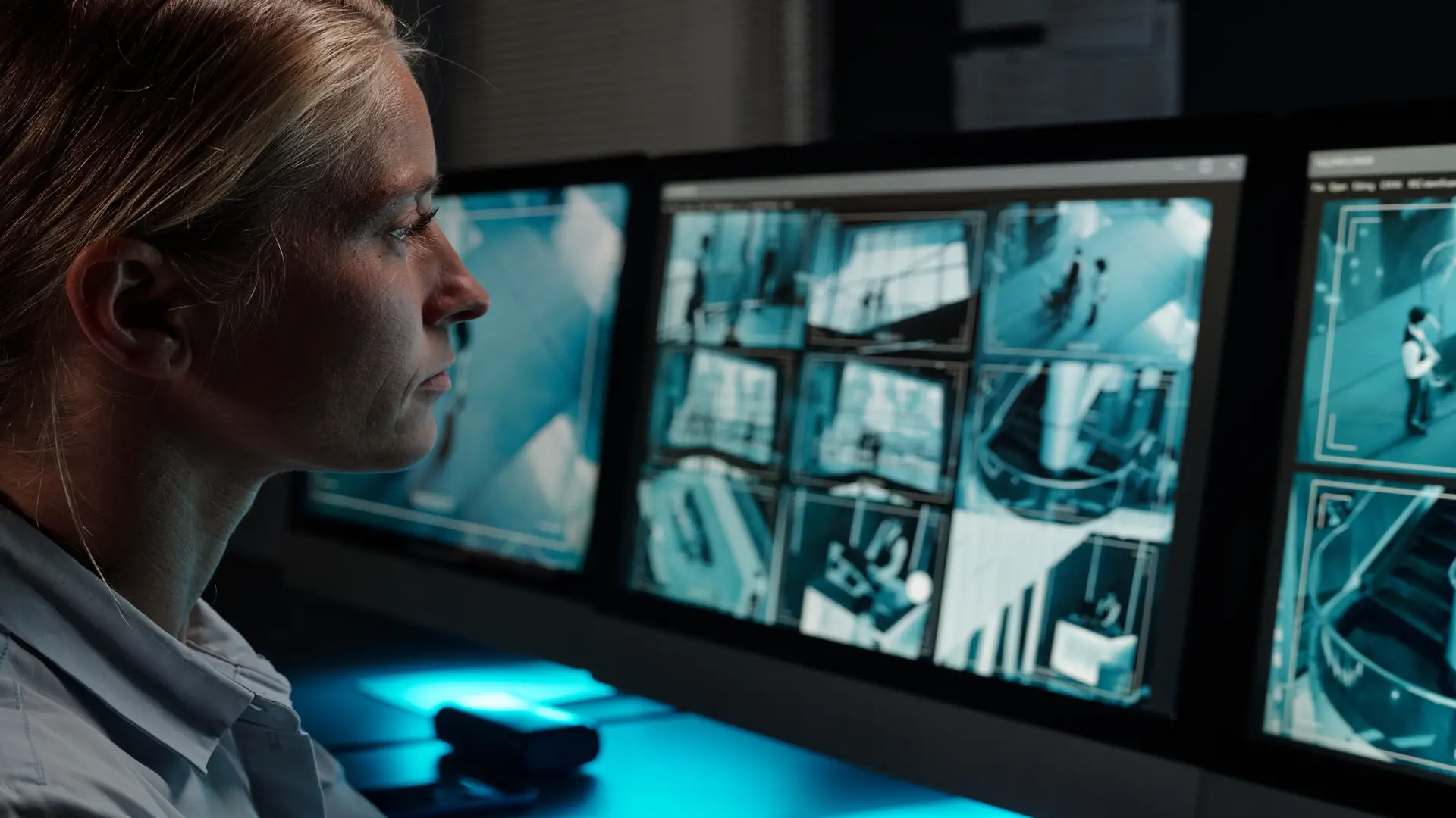 Female security guard monitoring screens at workstation